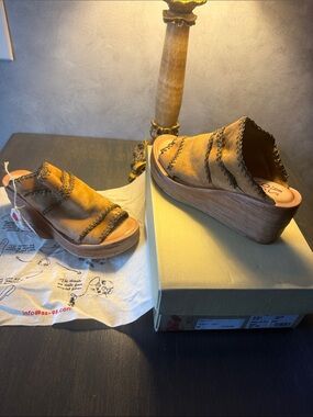 NWT - A.S.98 Suede Tan Platform Wedge Mules